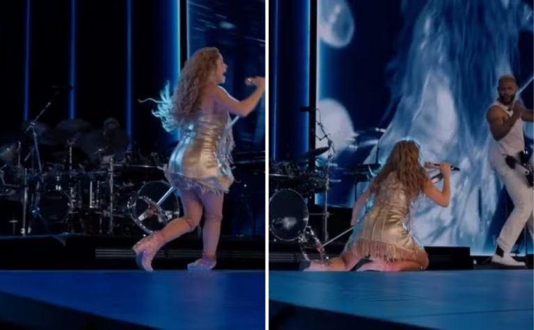 Shakira cai no palco durante show e, depois, reage com bom-humor: ‘sou de borracha’