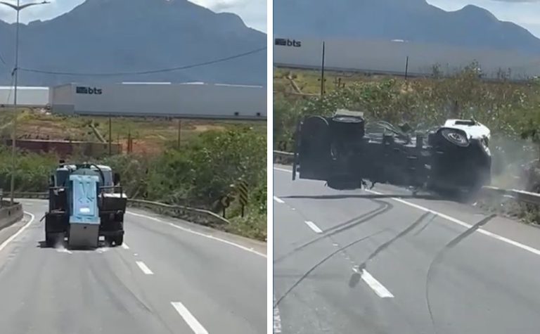VÍDEO | Caminhão tomba após banheiro químico cair de carroceria em Cariacica