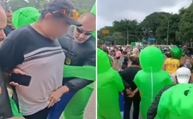 VÍDEO | Policiais fantasiados de alien prendem homem em bloco de Carnaval