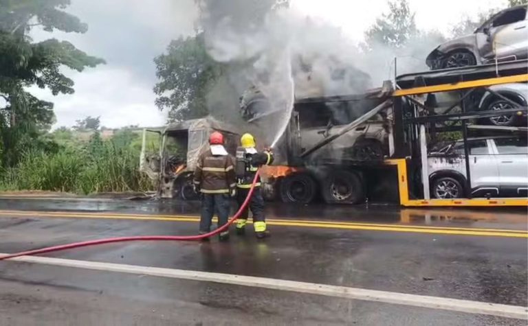 Carreta cegonha pega fogo e interdita BR-101 em Fundão