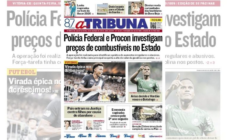 Confira os destaques do jornal A Tribuna desta quinta-feira