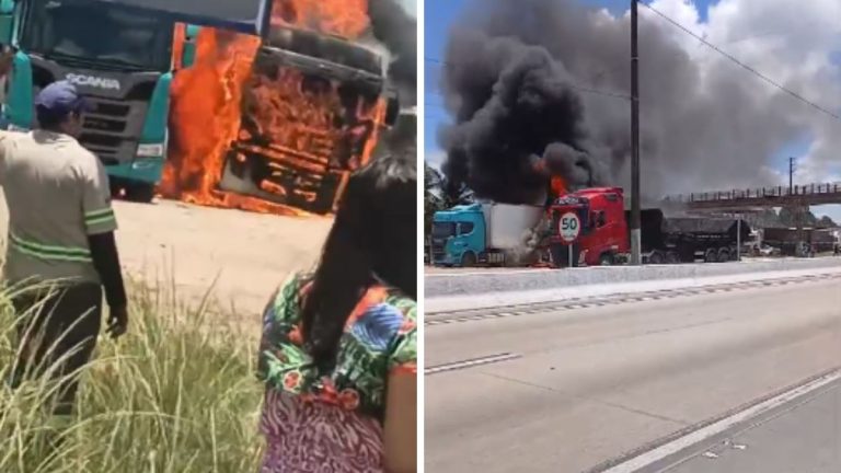 Fogo consome caçamba e carreta nova na BR-101 em Igarassu