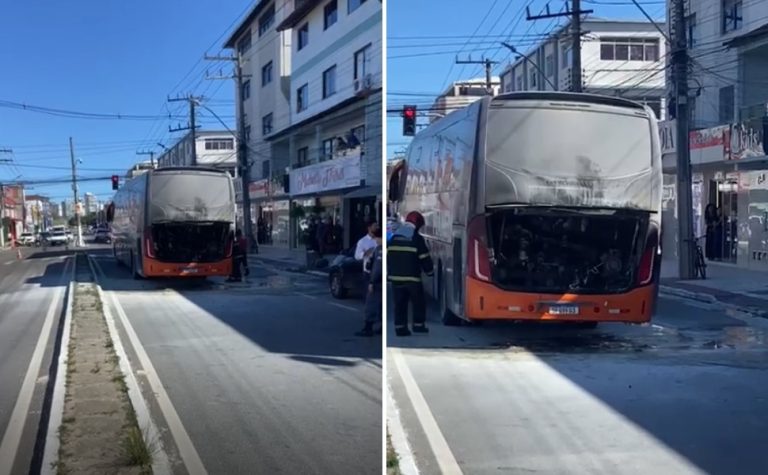 Ônibus pega fogo em rua movimentada de Guarapari