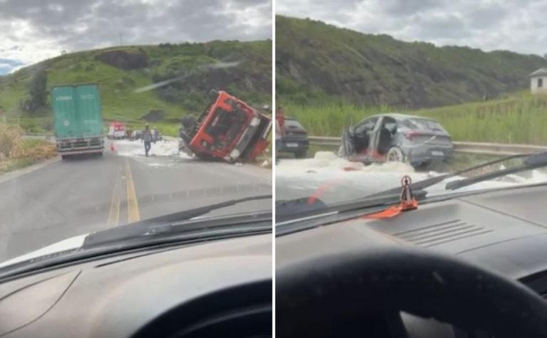 Quatro pessoas ficam feridas após carreta tombar na BR 259, em João Neiva
