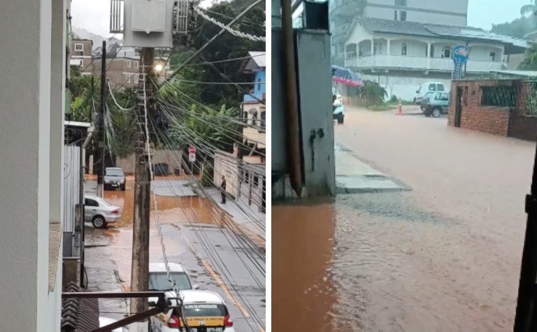 Temporal no ES alaga ruas e forma “cachoeira” na BR-262, em Venda Nova