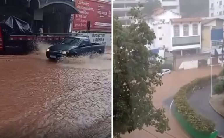 VÍDEO | Chuva forte alaga ruas e causa transtornos no trânsito no Sul do ES