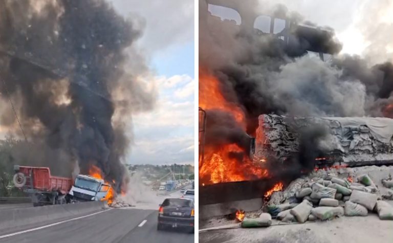 Carretas pegam fogo após colidirem em rodovia no ES