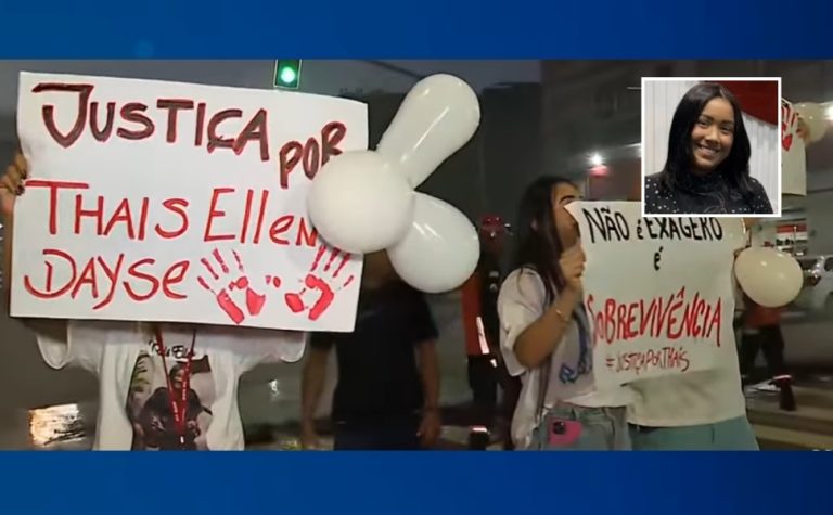 Manifestantes protestam e pedem prisão de suspeito de assassinar ex-namorada