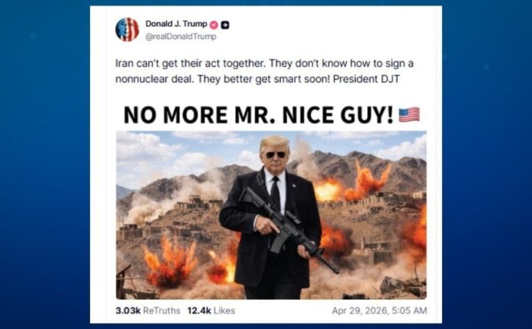 Trump diz que cansou de ser ‘bonzinho’ com Irã e exibe imagem de IA com fuzil