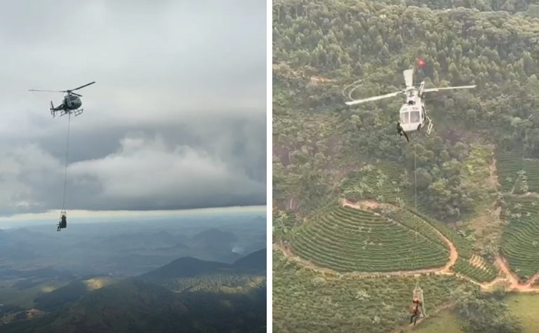 VÍDEO | Parapentista é resgatado de helicóptero em área de difícil acesso no ES
