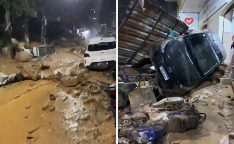 Chuva causa deslizamento na Rocinha e arrasta veículos no RJ