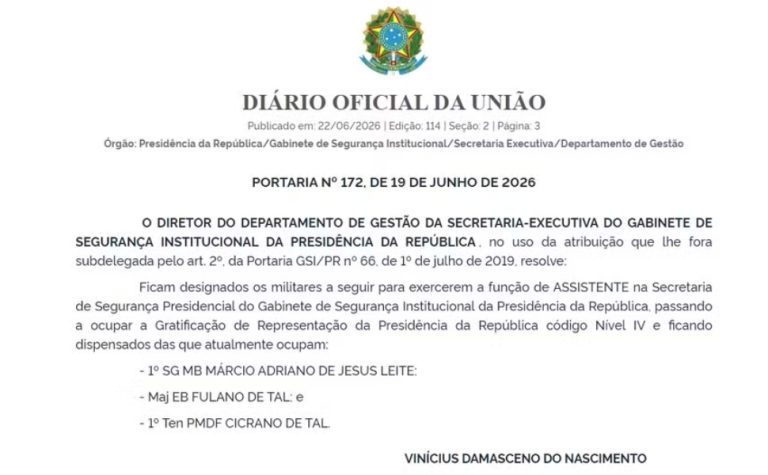 GSI nomeia major ‘Fulano de Tal’ e tenente ‘Cicrano de Tal’ para segurança de Lula