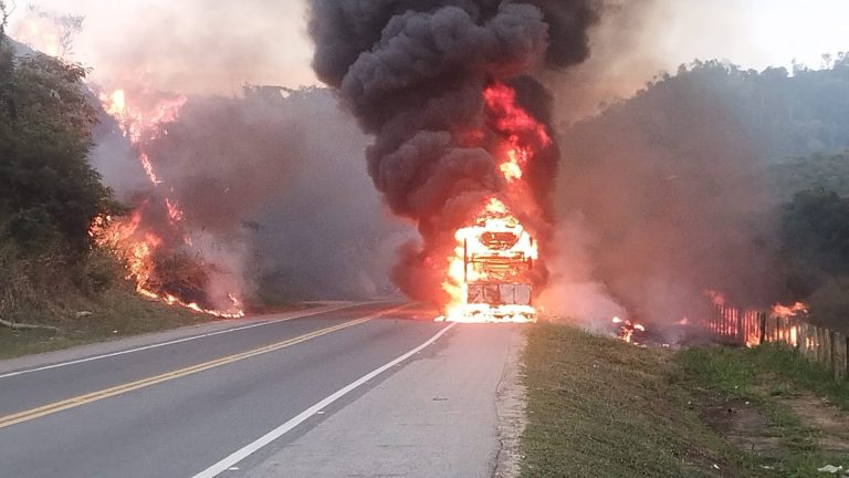 Incêndio em caminhão cegonha com carros elétricos interdita trânsito na BR-101