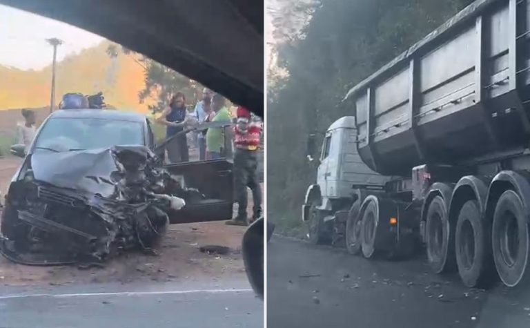 VÍDEO | Acidente entre carro e caminhão derrama óleo em Rodovia e afeta tráfego