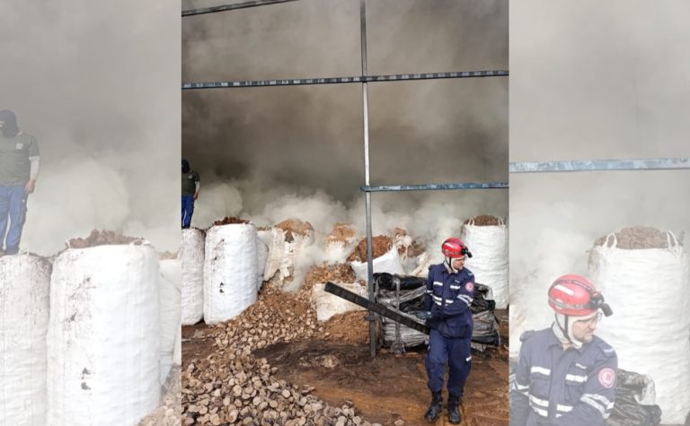 Bombeiros combatem incêndio em madeireira de Santa Teresa