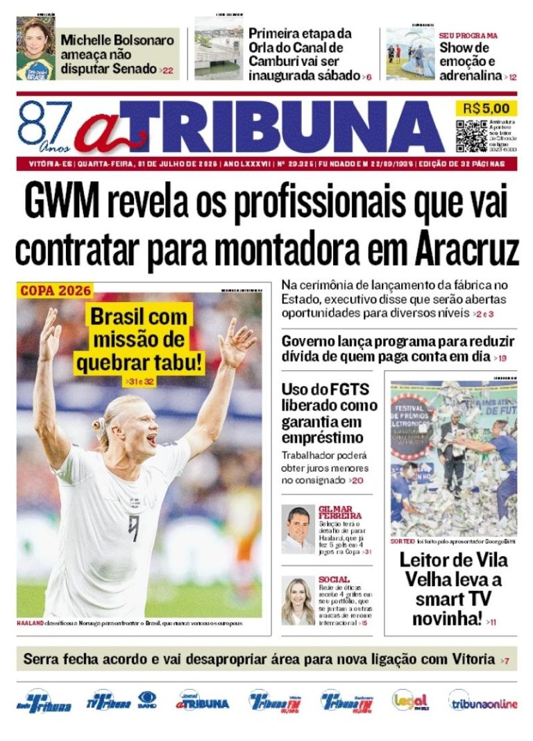Confira os destaques do jornal A Tribuna desta quarta-feira
