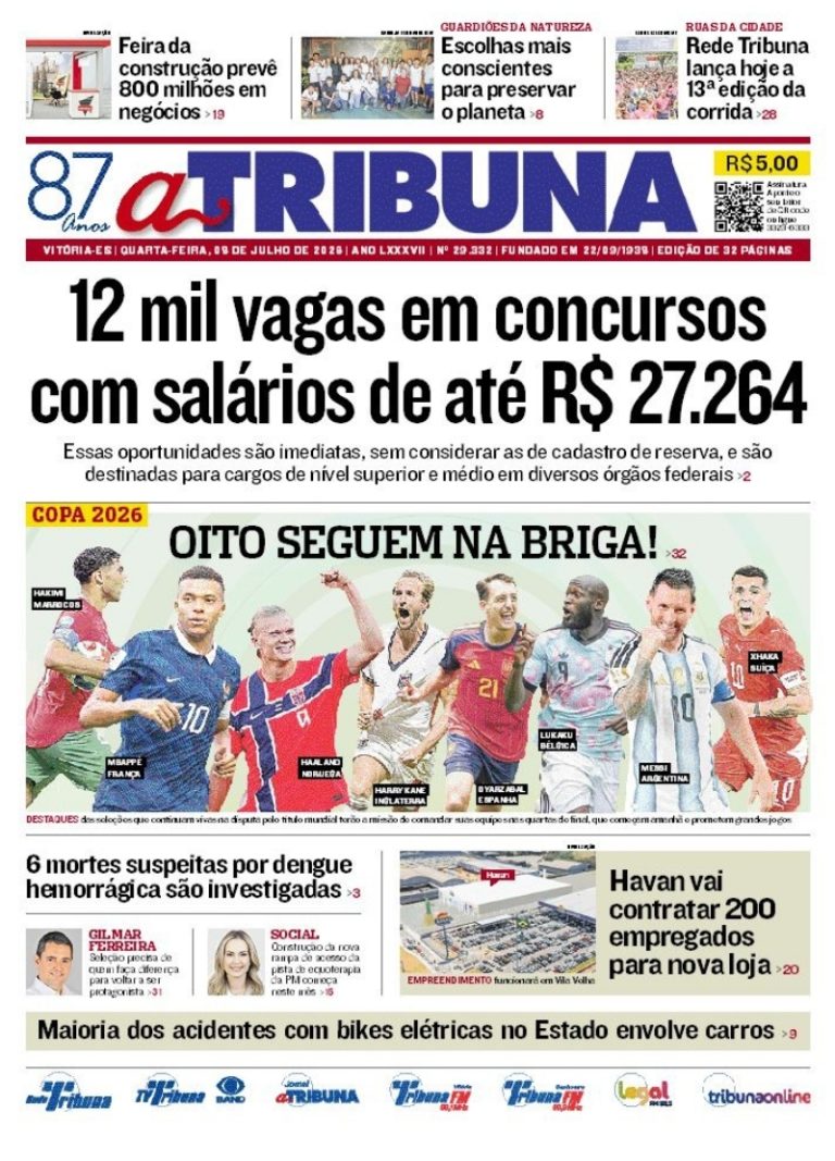 Confira os destaques do jornal A Tribuna desta quarta