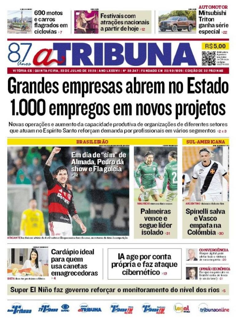 Confira os destaques do jornal A Tribuna desta quinta-feira
