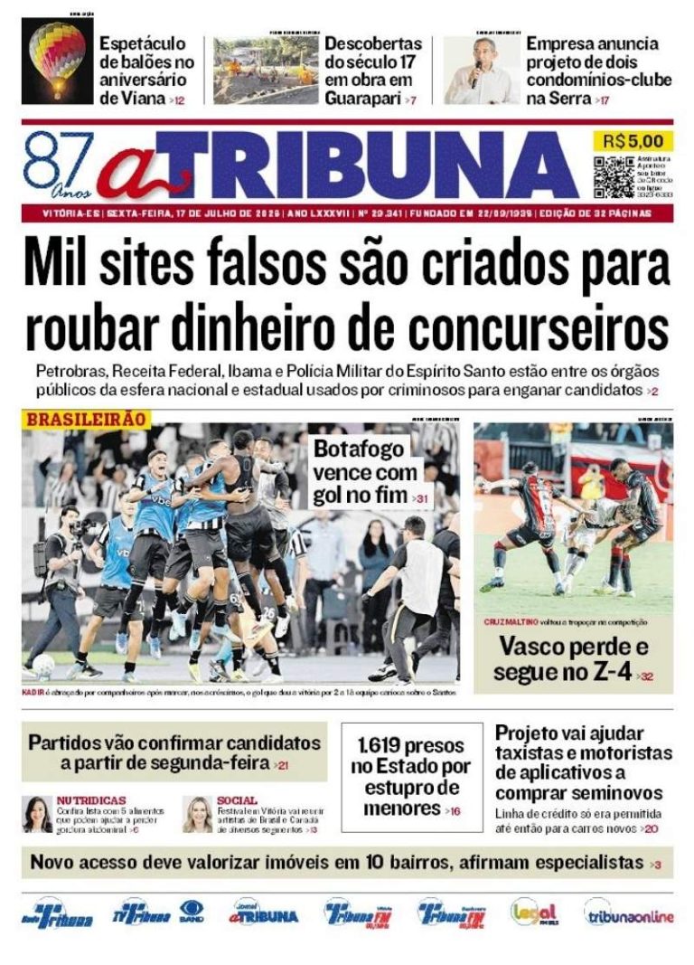 Confira os destaques do jornal A Tribuna desta sexta-feira