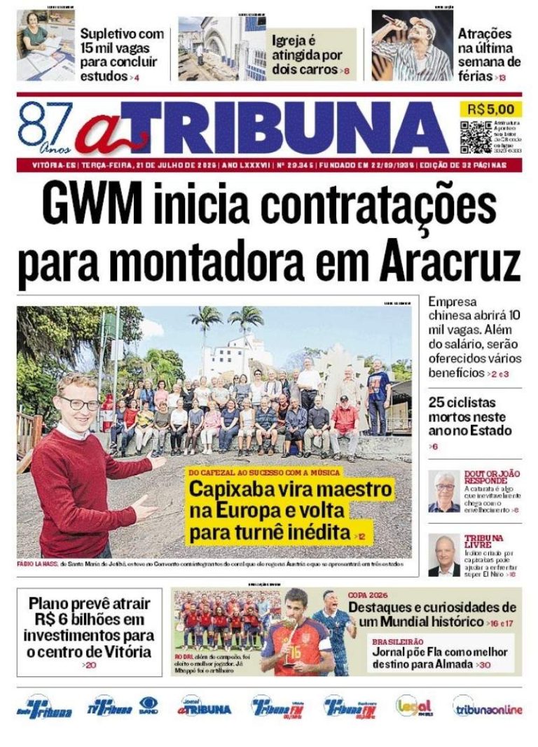 Confira os destaques do jornal A Tribuna desta terça-feira