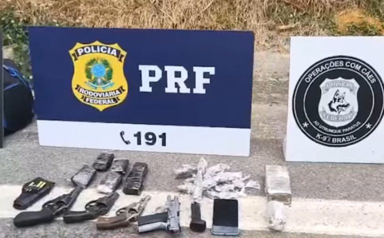 Grávida é presa e adolescente apreendido transportando armas e drogas em ônibus